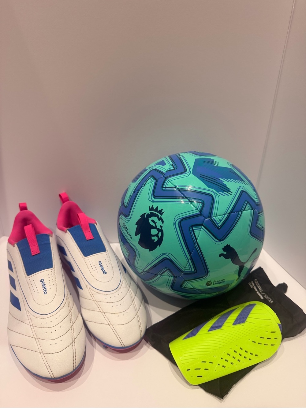 Adidas Goletto Youth Soccer Cleats, Premier League Ball & Shin Guards Bundle
